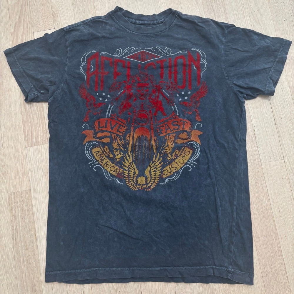 Affliction T-Shirt Mens Medium Black Graphic Tee Good Live Fast Biker Distressed
